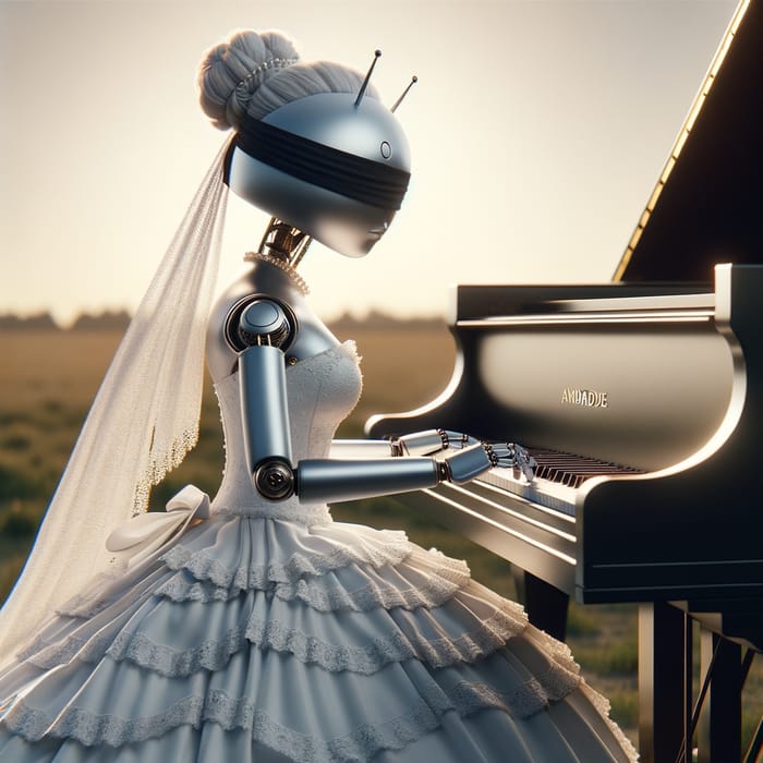 Female Android in Wedding Dress Playing Piano