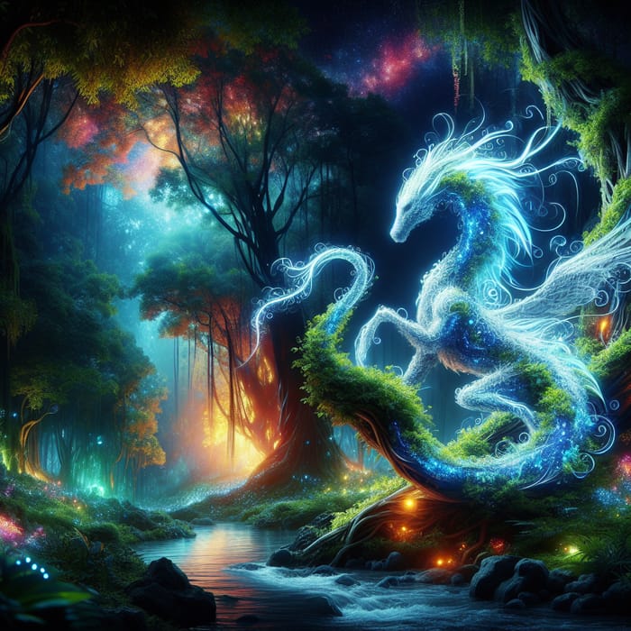 Mystical Creature in Enchanted Forest - Vibrant Fantasy Illustration