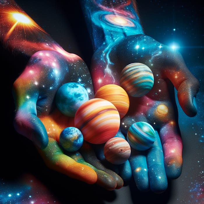 Vibrant Planets in Hand: Colorful Cosmic Artwork