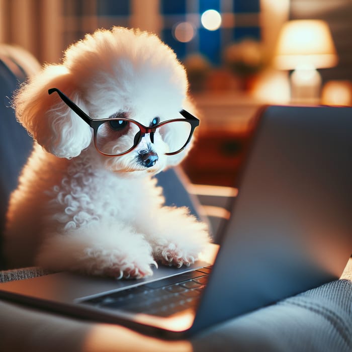 Smart Poodle in Glasses Using a Laptop