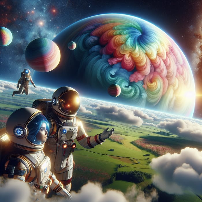 Planet of Happiness: Two Astronauts in Enchanting Space Scene