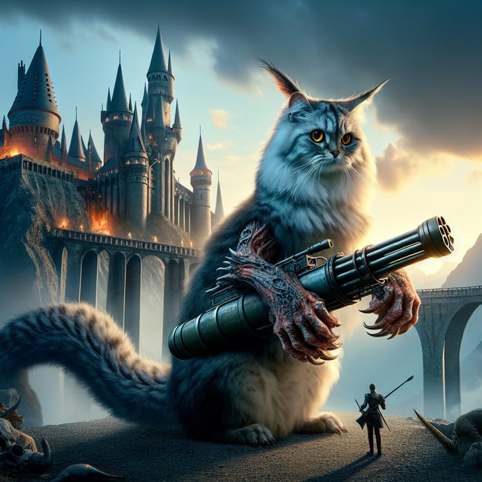 Majestic Dragon-Cat with Bazooka | Mythical Castle Scene