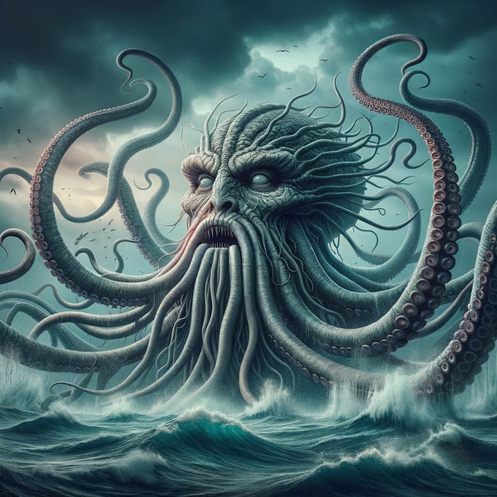 Kraken with Human Face: Enormous Mythical Sea Monster