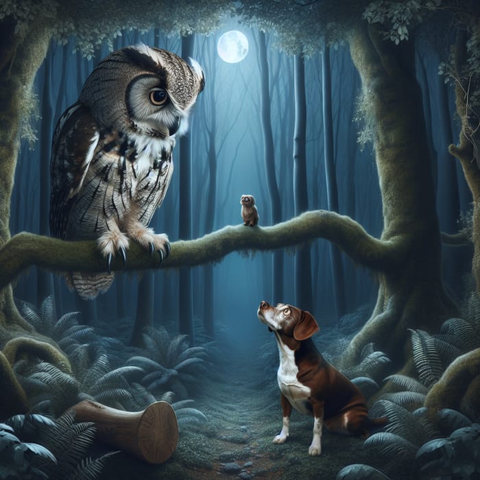 Majestic Owl and Lost Dog in Enchanted Forest