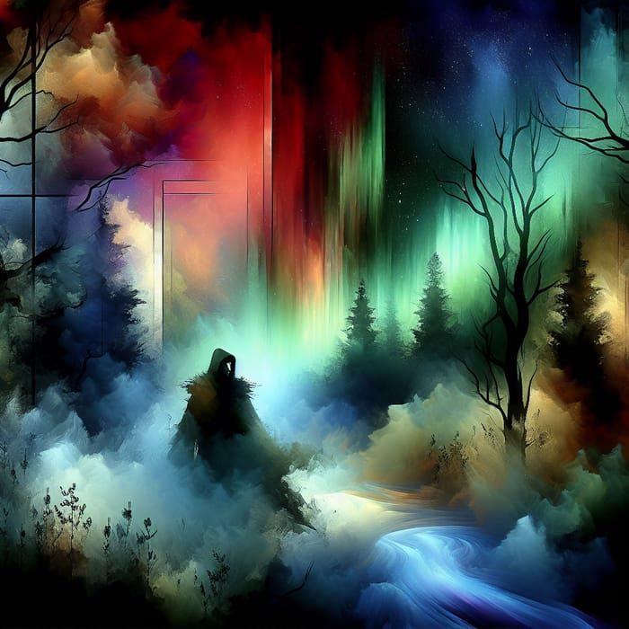 Mystical Figure in a Vibrant Forest Scene