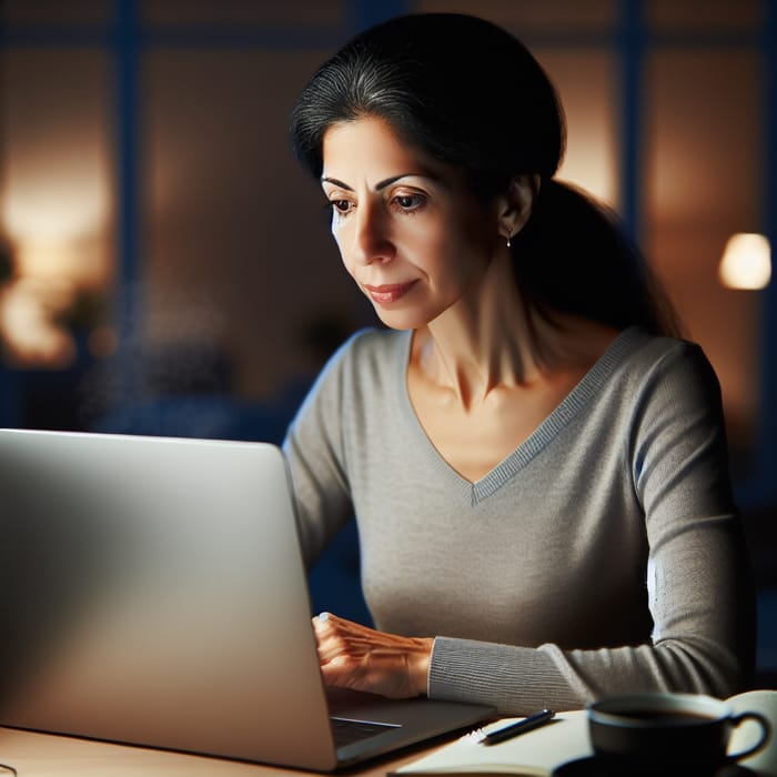 Engrossed Adult Student in Online English Class with Laptop