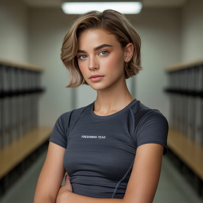 High School Freshman Portrait in Locker Room