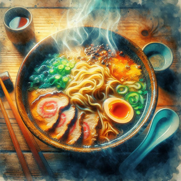 Colorful Ramen Bowl with Swirling Steam - Food Photography Close-Up