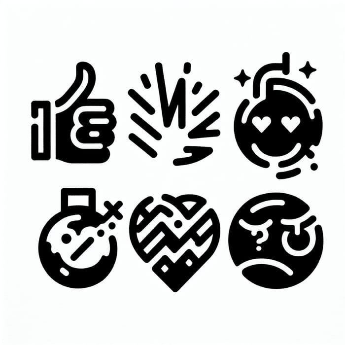 Minimalist Emoji Collection: Thumbs-Up, Thumbs-Down, Angry Bomb, Happy Heart, Confused Face