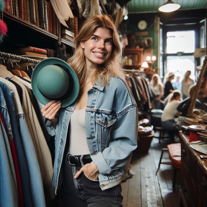 Thrifting Fashion: Young Woman in Denim Jacket