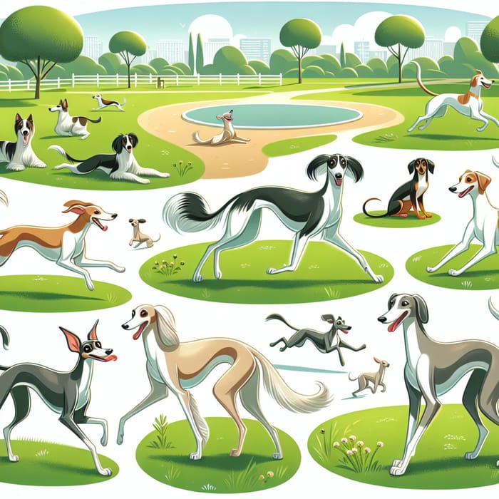 Serene Park Scene: 5 Dog Breeds Including Saluki