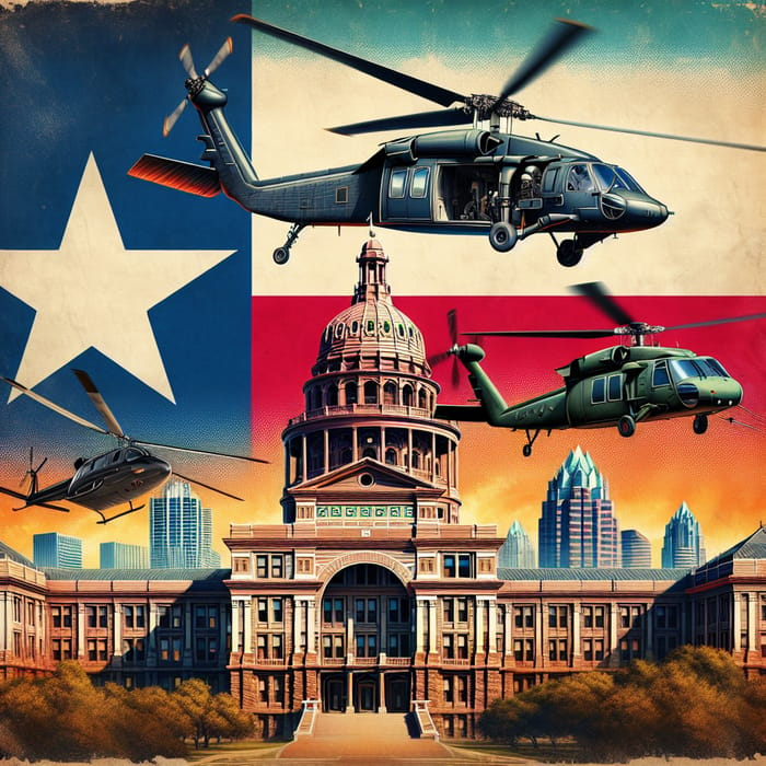 Texas Flag with Austin State Capital and Helicopters