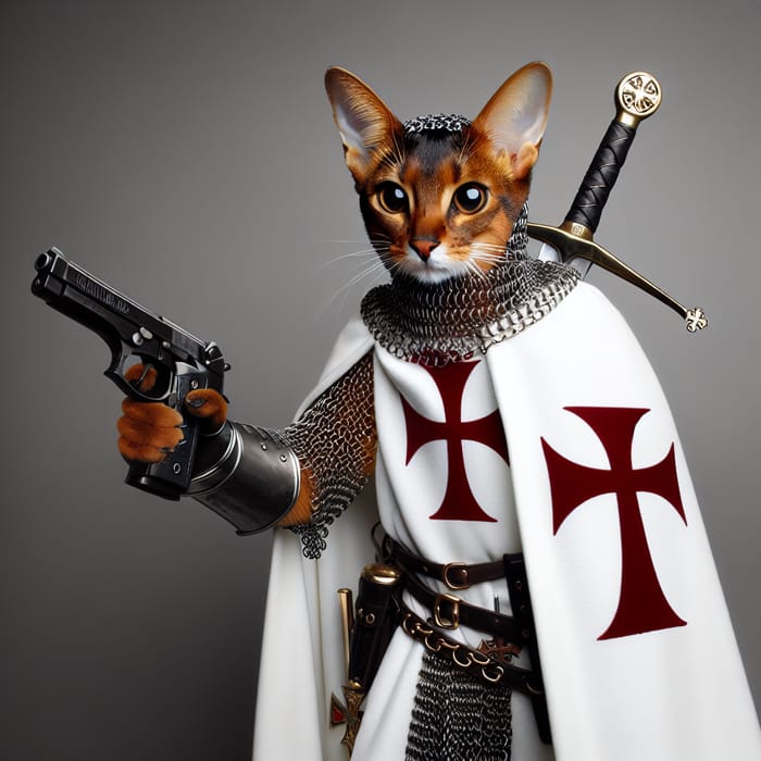 Muscular Abyssinian Cat: Chain Armor, Sword & Gun Cosplay