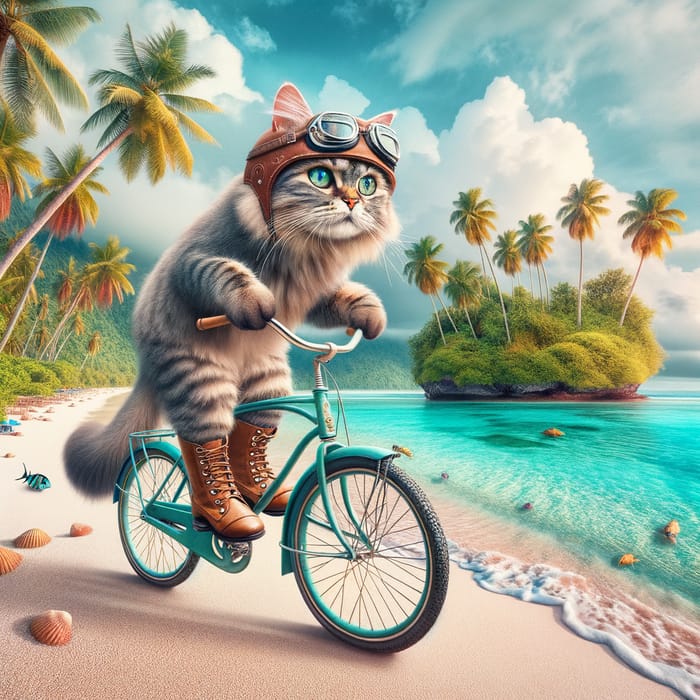 Fanciful Cat in Boots Riding Bicycle on Paradise Island Shore