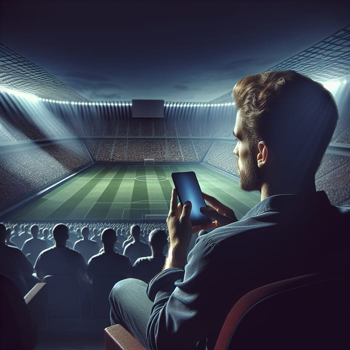 Man Sitting in Stadium with Phone, Crowd in Background