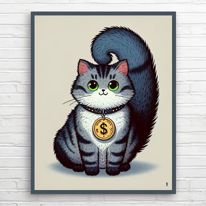 Cute One-Dollar Cat Illustration | Grey & Black Fluffy Cat Art