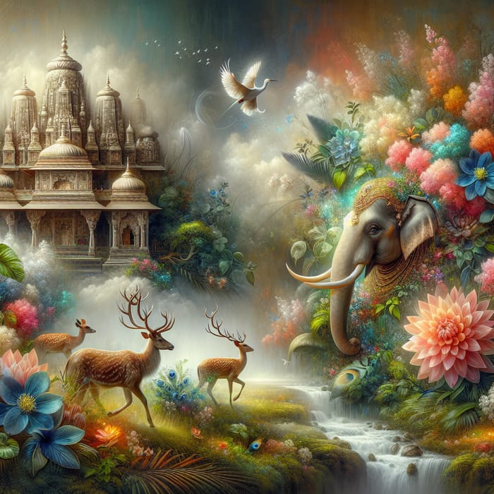 Divine Grace: Indian Temple in Lush Greenery with Elephant, Deer & Peacock