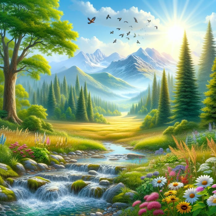 Tranquil Landscape with Forest, Stream, Meadow & Majestic Mountains