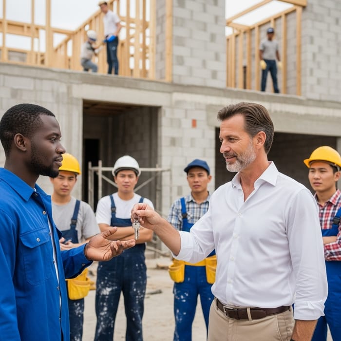 Man Hands Over House Keys at Construction Site Man Hands Over House Keys at Construction Site