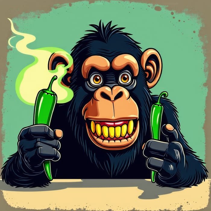 Bored Cartoon Ape with Shiny Gold Teeth Holding a Colorful Jalapeño Cartoon