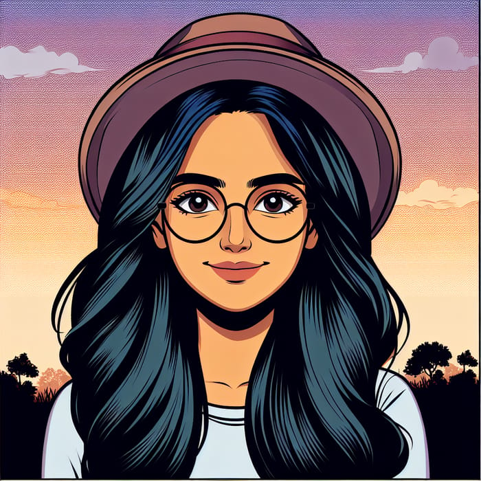 Joyful South Asian Female Cartoon Portrait in Vintage Style