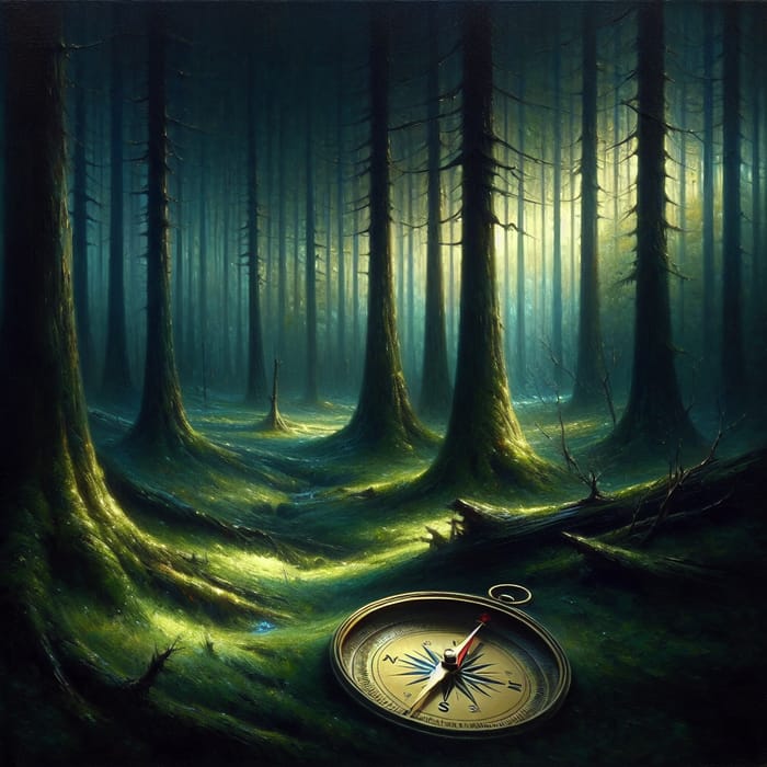 Dark Forbidden Forest with Illuminated Compass | Magical Painting Style