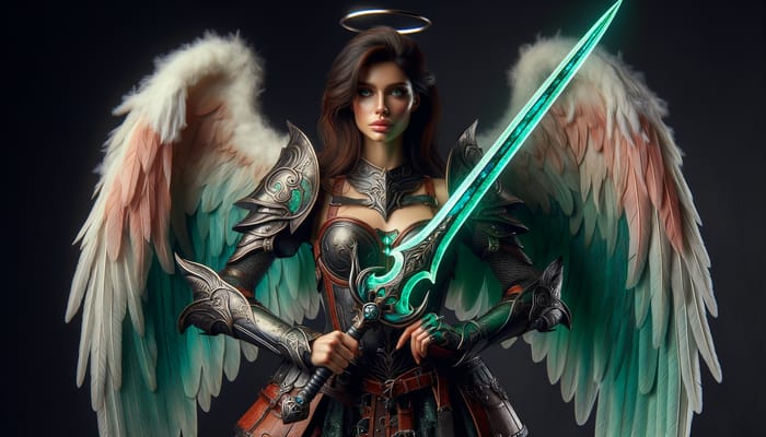 Hispanic Female Angel Hexblade Warlock with Iridescent Green Greatsword