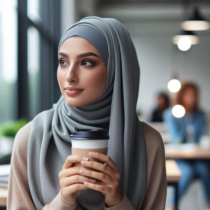 Realistic Muslim Woman in Hijab Enjoying Coffee in Open Space