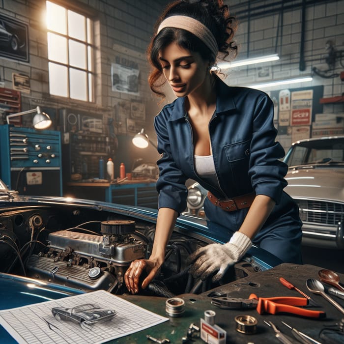 Skilled Female Middle-Eastern Mechanic Restores Vintage Car in Realistic Scene