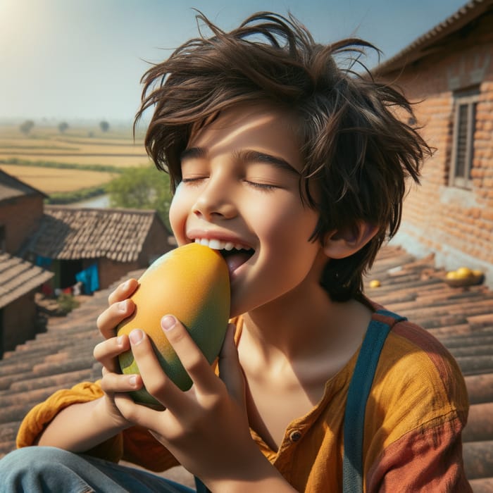 Young Boy Savoring Juicy Mango on Rooftop