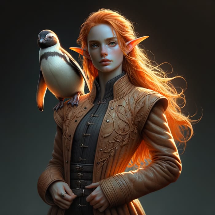 Confident Elf Woman with Orange Hair and Penguin