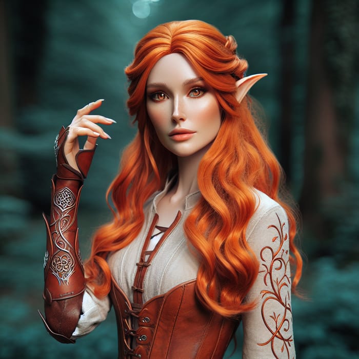 Stunning Elf Woman with Striking Orange Hair and One Arm in Forest Scene