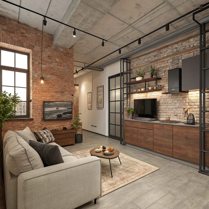 Industrial Style Living Room Ideas with TV & Sofa