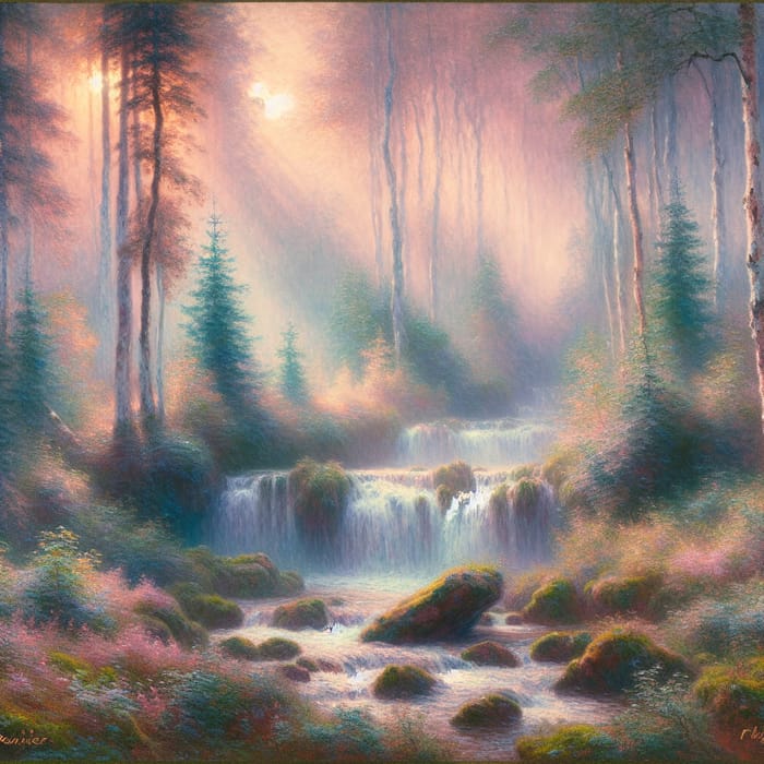 Mystical Forest with Hidden Waterfall - Monet's Style