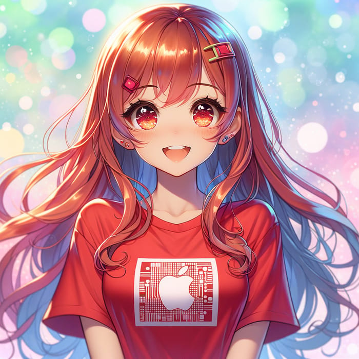 Anime Girl in Red T-Shirt with AMD Logo | Adorable Tech-themed Design