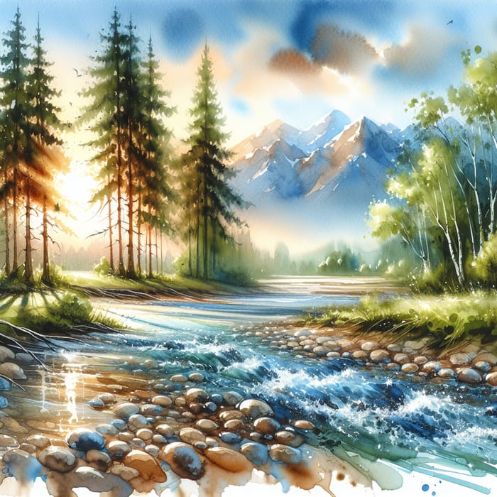 Idyllic Natural Landscape Watercolor Painting | Nature Scene