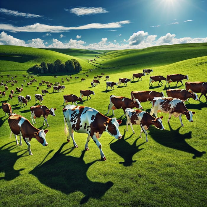 Brown-White Simmental Cows Grazing on a Bright Meadow