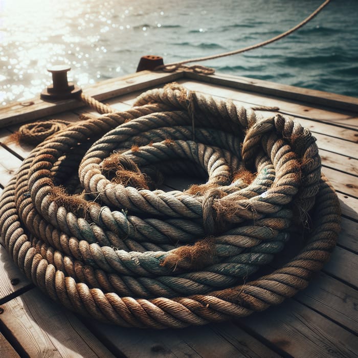 Thick Durable Mooring Rope on Sunlit Wooden Pier