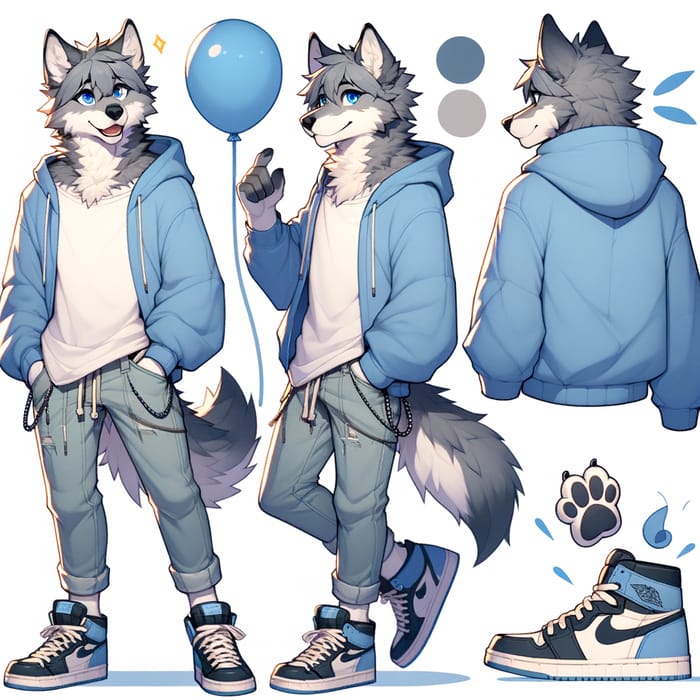 Adorable Gray Wolf Popping Balloons in Trendy Attire | Anime Style