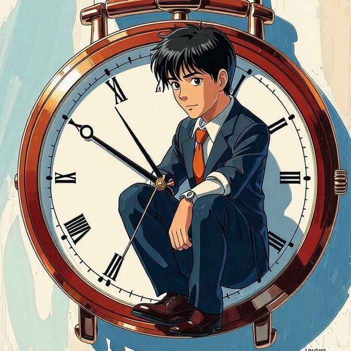 Office Worker Sitting on Giant Watch Hand - Ghibli Style Painting Office Worker Sitting on Giant Watch Hand - Ghibli Style Painting