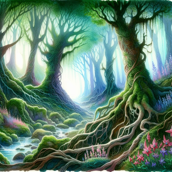 Enchanting Elven Forest Watercolor Scene