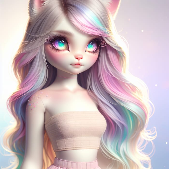 Shy Cat Girl with Pastel Rainbow Hair