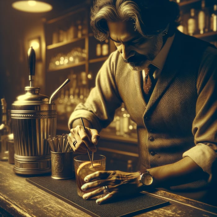 Vintage Sepia Bartender Crafting Hot Toddy | Cocktail Nostalgia