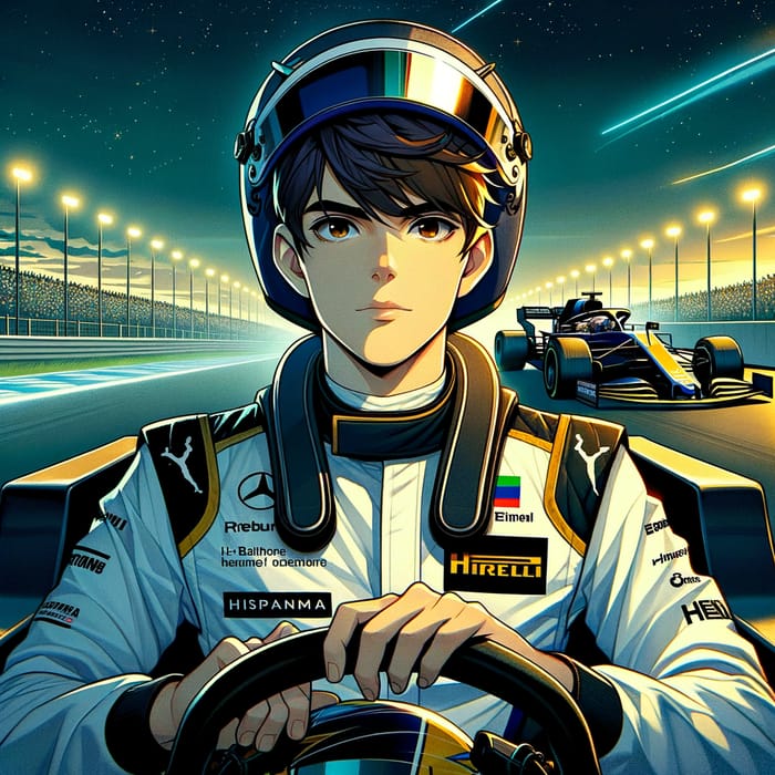 Anime-Style Poster of Hispanic Male Formula 1 Pilot at Night Race