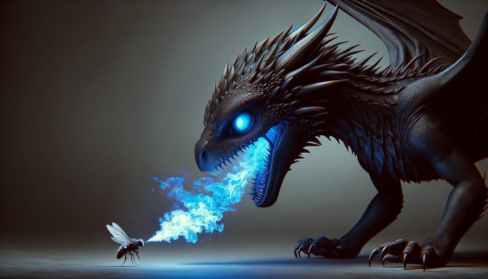 Dark Juvenile Dragon Spewing Blue Fire at a Tiny Fly