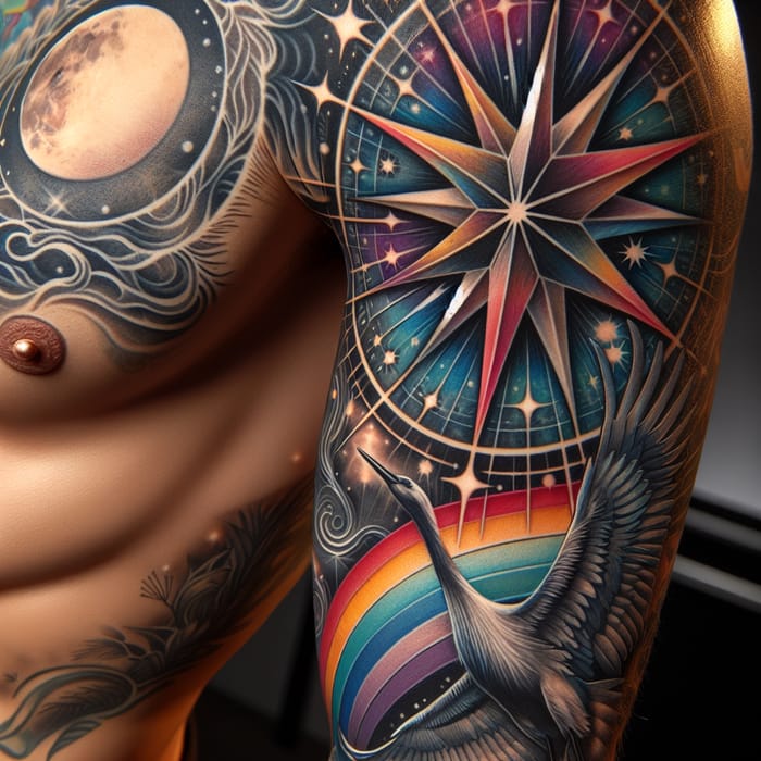 Intricate Arm Tattoo Design with Star, Rainbow, Moon, and Crane