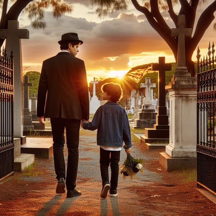 Father and Son Visiting Cemetery at Sunset