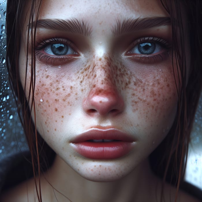 Dramatic Portrait of a Freckled Woman in Rain - 4K