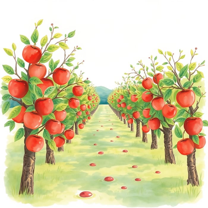 Children's Watercolor Apple Orchard Art