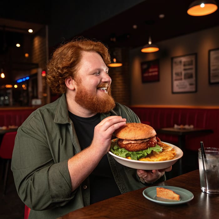 Indulge in Burgers with Our Charming Ginger Host